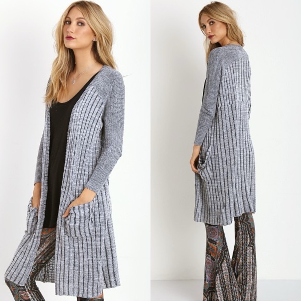 Free People Shadow Stripe Pocket Ribbed Knit Gray Long Cardigan Sweater